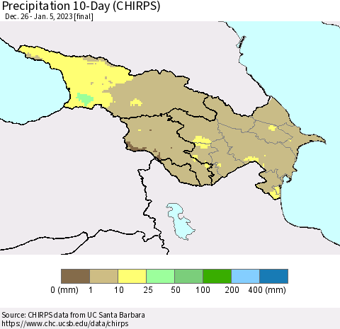 Azerbaijan, Armenia and Georgia Precipitation 10-Day (CHIRPS) Thematic Map For 12/26/2022 - 1/5/2023
