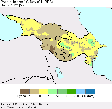 Azerbaijan, Armenia and Georgia Precipitation 10-Day (CHIRPS) Thematic Map For 1/1/2023 - 1/10/2023