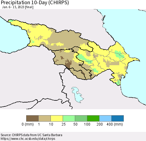 Azerbaijan, Armenia and Georgia Precipitation 10-Day (CHIRPS) Thematic Map For 1/6/2023 - 1/15/2023