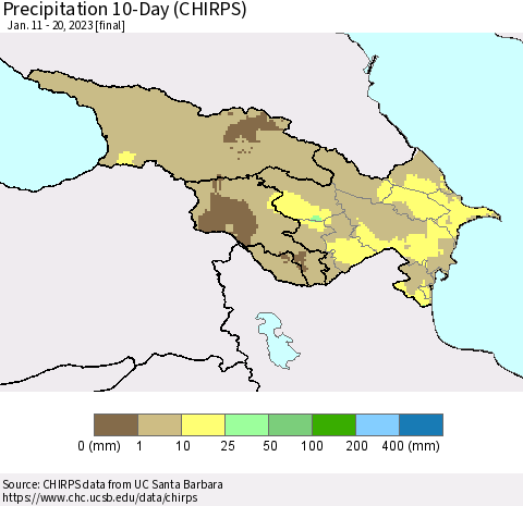Azerbaijan, Armenia and Georgia Precipitation 10-Day (CHIRPS) Thematic Map For 1/11/2023 - 1/20/2023