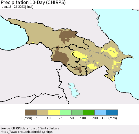 Azerbaijan, Armenia and Georgia Precipitation 10-Day (CHIRPS) Thematic Map For 1/16/2023 - 1/25/2023