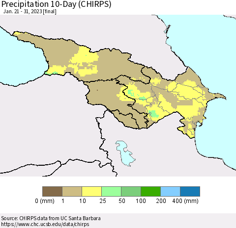 Azerbaijan, Armenia and Georgia Precipitation 10-Day (CHIRPS) Thematic Map For 1/21/2023 - 1/31/2023