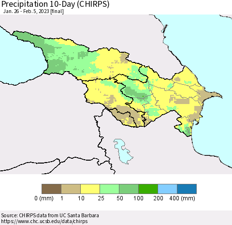 Azerbaijan, Armenia and Georgia Precipitation 10-Day (CHIRPS) Thematic Map For 1/26/2023 - 2/5/2023
