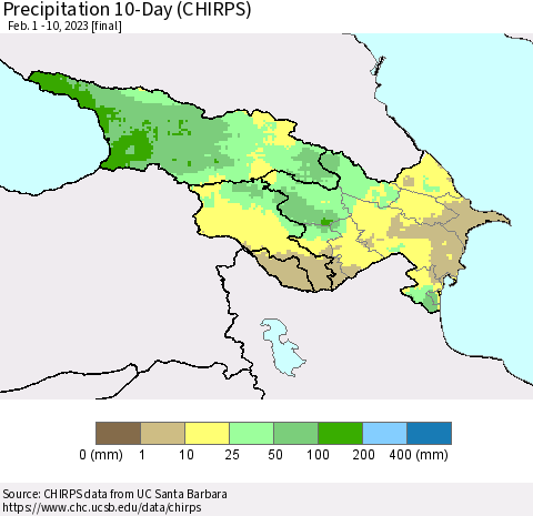 Azerbaijan, Armenia and Georgia Precipitation 10-Day (CHIRPS) Thematic Map For 2/1/2023 - 2/10/2023