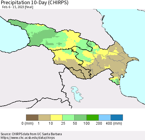 Azerbaijan, Armenia and Georgia Precipitation 10-Day (CHIRPS) Thematic Map For 2/6/2023 - 2/15/2023