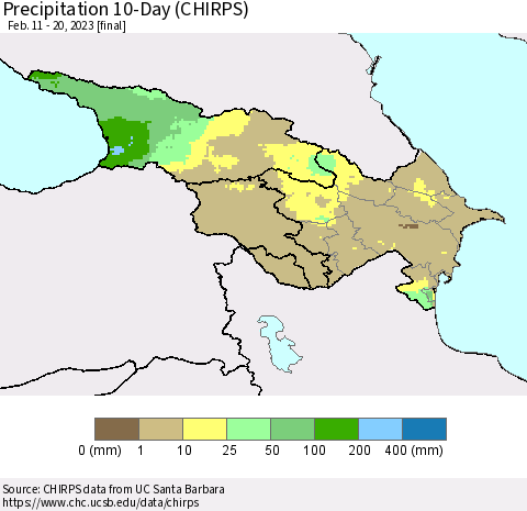 Azerbaijan, Armenia and Georgia Precipitation 10-Day (CHIRPS) Thematic Map For 2/11/2023 - 2/20/2023