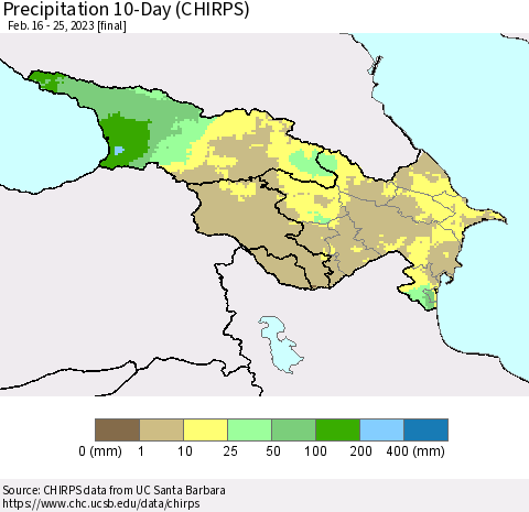 Azerbaijan, Armenia and Georgia Precipitation 10-Day (CHIRPS) Thematic Map For 2/16/2023 - 2/25/2023