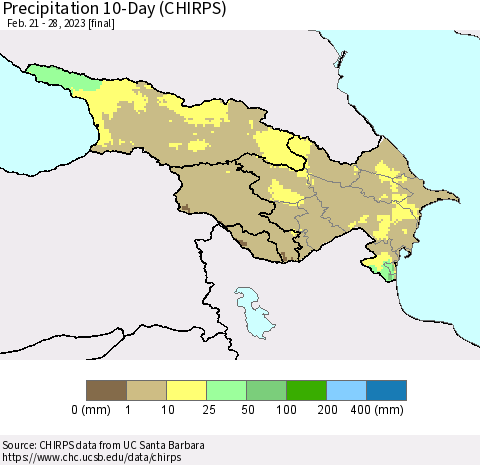 Azerbaijan, Armenia and Georgia Precipitation 10-Day (CHIRPS) Thematic Map For 2/21/2023 - 2/28/2023