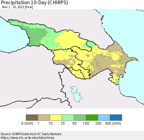 Azerbaijan, Armenia and Georgia Precipitation 10-Day (CHIRPS) Thematic Map For 3/1/2023 - 3/10/2023