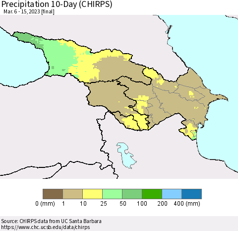 Azerbaijan, Armenia and Georgia Precipitation 10-Day (CHIRPS) Thematic Map For 3/6/2023 - 3/15/2023