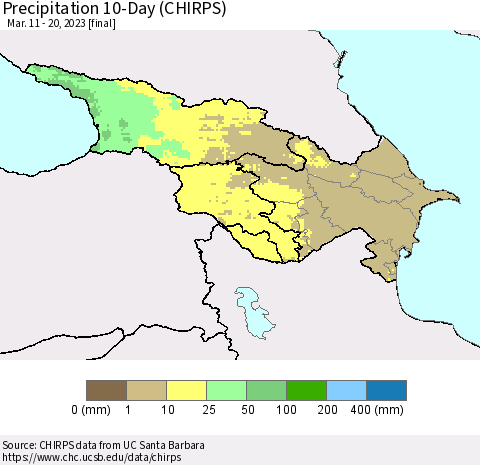Azerbaijan, Armenia and Georgia Precipitation 10-Day (CHIRPS) Thematic Map For 3/11/2023 - 3/20/2023