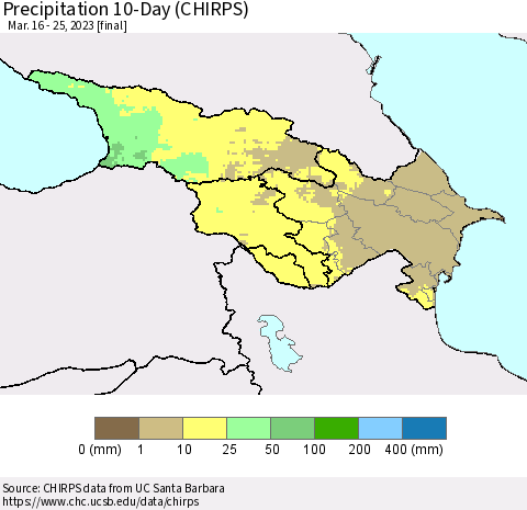 Azerbaijan, Armenia and Georgia Precipitation 10-Day (CHIRPS) Thematic Map For 3/16/2023 - 3/25/2023