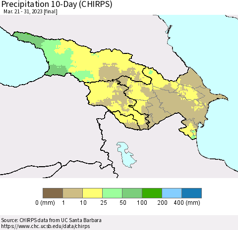 Azerbaijan, Armenia and Georgia Precipitation 10-Day (CHIRPS) Thematic Map For 3/21/2023 - 3/31/2023