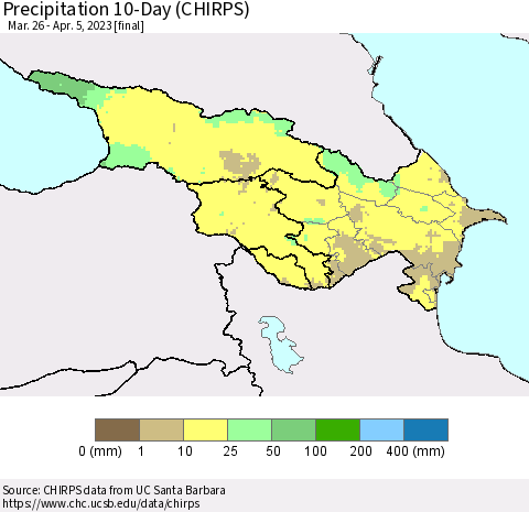 Azerbaijan, Armenia and Georgia Precipitation 10-Day (CHIRPS) Thematic Map For 3/26/2023 - 4/5/2023