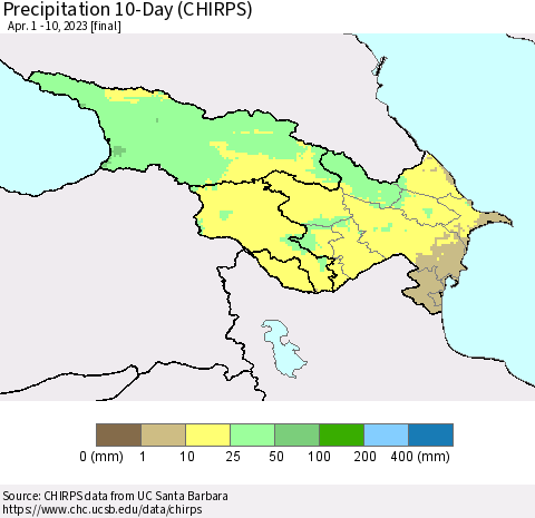 Azerbaijan, Armenia and Georgia Precipitation 10-Day (CHIRPS) Thematic Map For 4/1/2023 - 4/10/2023