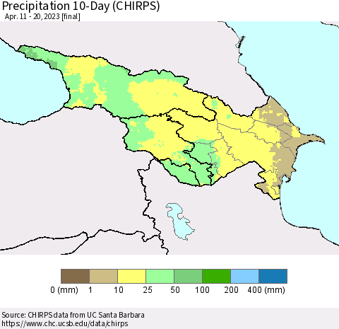 Azerbaijan, Armenia and Georgia Precipitation 10-Day (CHIRPS) Thematic Map For 4/11/2023 - 4/20/2023