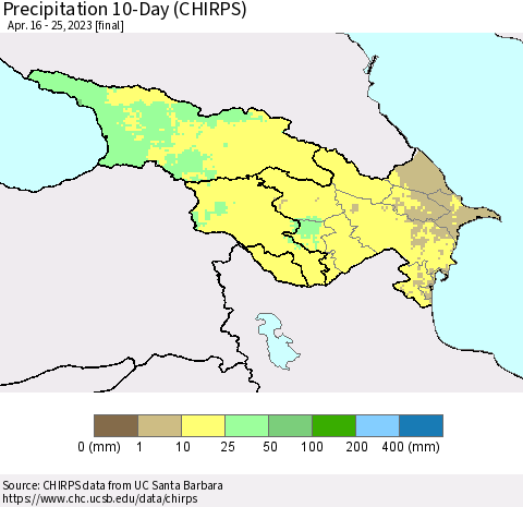 Azerbaijan, Armenia and Georgia Precipitation 10-Day (CHIRPS) Thematic Map For 4/16/2023 - 4/25/2023
