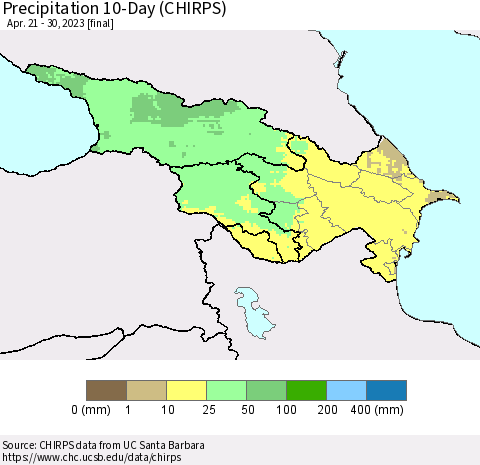 Azerbaijan, Armenia and Georgia Precipitation 10-Day (CHIRPS) Thematic Map For 4/21/2023 - 4/30/2023