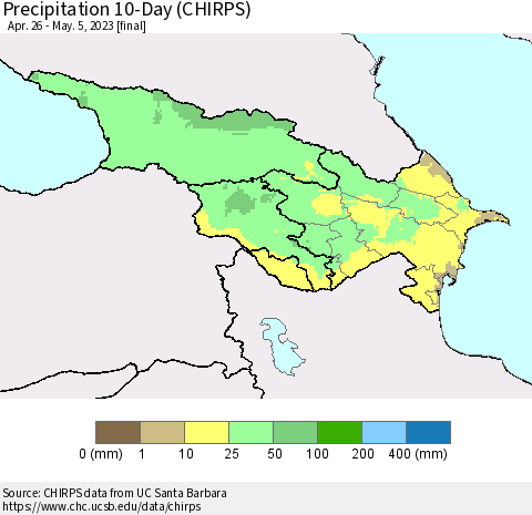 Azerbaijan, Armenia and Georgia Precipitation 10-Day (CHIRPS) Thematic Map For 4/26/2023 - 5/5/2023