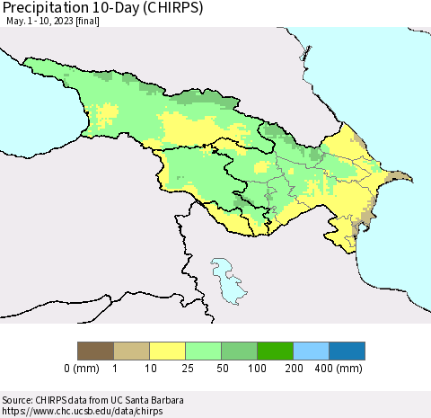 Azerbaijan, Armenia and Georgia Precipitation 10-Day (CHIRPS) Thematic Map For 5/1/2023 - 5/10/2023