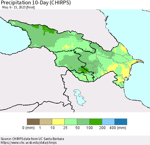 Azerbaijan, Armenia and Georgia Precipitation 10-Day (CHIRPS) Thematic Map For 5/6/2023 - 5/15/2023