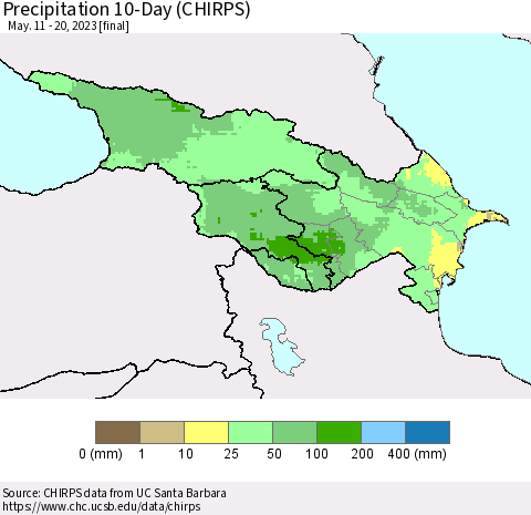 Azerbaijan, Armenia and Georgia Precipitation 10-Day (CHIRPS) Thematic Map For 5/11/2023 - 5/20/2023