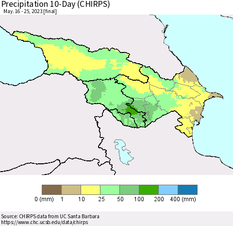 Azerbaijan, Armenia and Georgia Precipitation 10-Day (CHIRPS) Thematic Map For 5/16/2023 - 5/25/2023