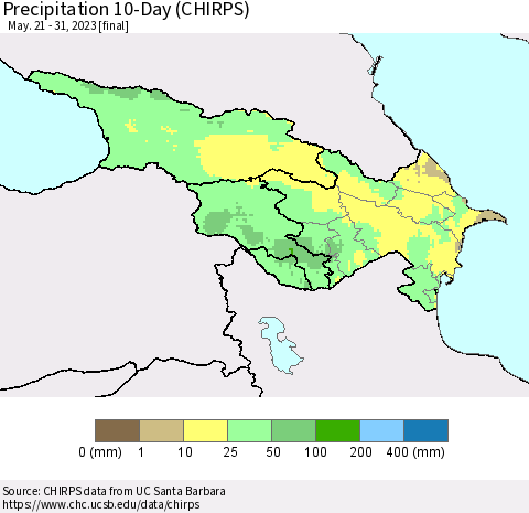 Azerbaijan, Armenia and Georgia Precipitation 10-Day (CHIRPS) Thematic Map For 5/21/2023 - 5/31/2023
