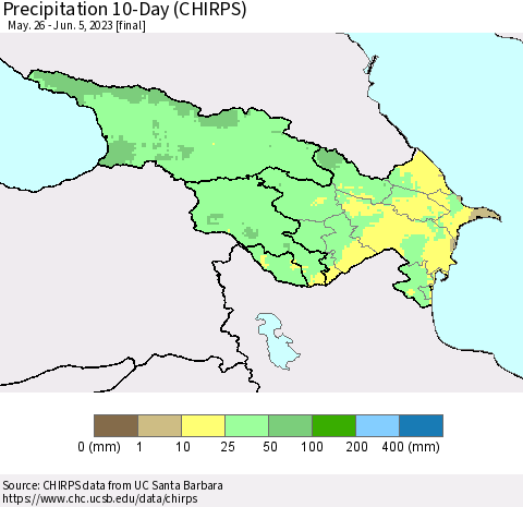 Azerbaijan, Armenia and Georgia Precipitation 10-Day (CHIRPS) Thematic Map For 5/26/2023 - 6/5/2023