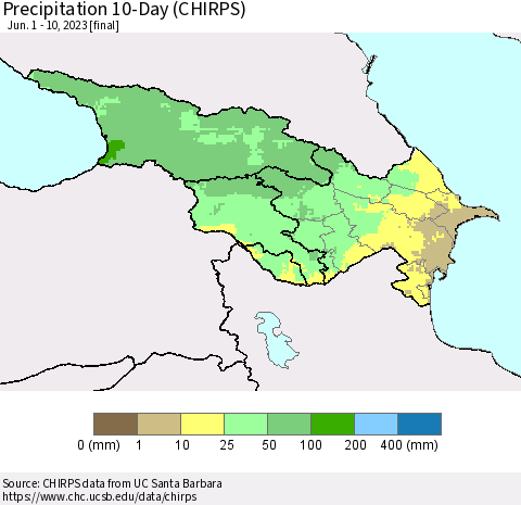 Azerbaijan, Armenia and Georgia Precipitation 10-Day (CHIRPS) Thematic Map For 6/1/2023 - 6/10/2023