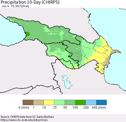 Azerbaijan, Armenia and Georgia Precipitation 10-Day (CHIRPS) Thematic Map For 6/6/2023 - 6/15/2023