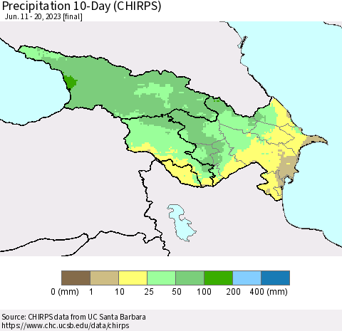 Azerbaijan, Armenia and Georgia Precipitation 10-Day (CHIRPS) Thematic Map For 6/11/2023 - 6/20/2023