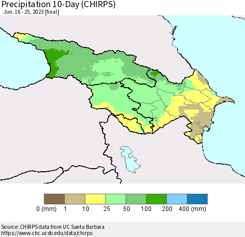 Azerbaijan, Armenia and Georgia Precipitation 10-Day (CHIRPS) Thematic Map For 6/16/2023 - 6/25/2023