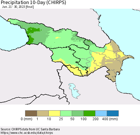 Azerbaijan, Armenia and Georgia Precipitation 10-Day (CHIRPS) Thematic Map For 6/21/2023 - 6/30/2023