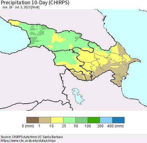 Azerbaijan, Armenia and Georgia Precipitation 10-Day (CHIRPS) Thematic Map For 6/26/2023 - 7/5/2023