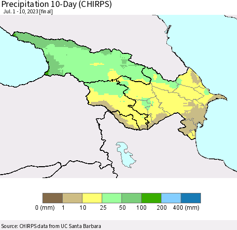Azerbaijan, Armenia and Georgia Precipitation 10-Day (CHIRPS) Thematic Map For 7/1/2023 - 7/10/2023