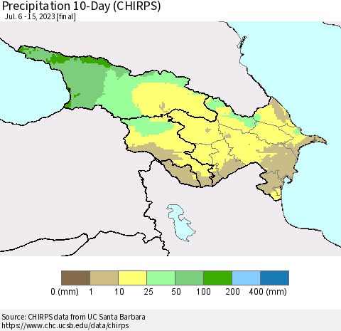 Azerbaijan, Armenia and Georgia Precipitation 10-Day (CHIRPS) Thematic Map For 7/6/2023 - 7/15/2023