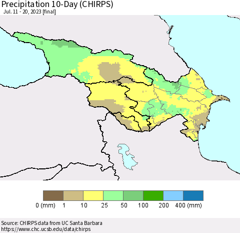 Azerbaijan, Armenia and Georgia Precipitation 10-Day (CHIRPS) Thematic Map For 7/11/2023 - 7/20/2023