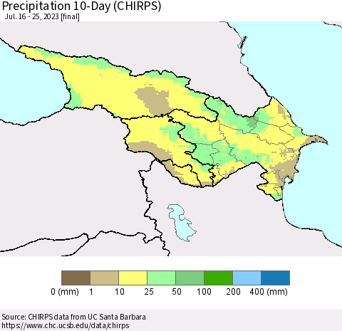 Azerbaijan, Armenia and Georgia Precipitation 10-Day (CHIRPS) Thematic Map For 7/16/2023 - 7/25/2023