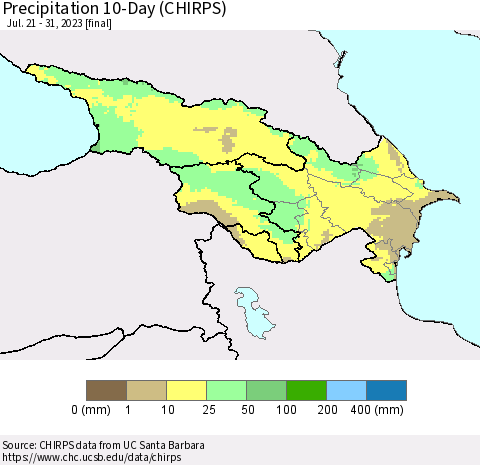 Azerbaijan, Armenia and Georgia Precipitation 10-Day (CHIRPS) Thematic Map For 7/21/2023 - 7/31/2023