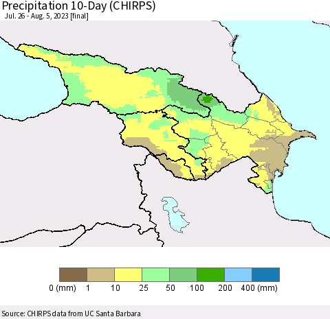 Azerbaijan, Armenia and Georgia Precipitation 10-Day (CHIRPS) Thematic Map For 7/26/2023 - 8/5/2023