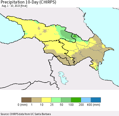 Azerbaijan, Armenia and Georgia Precipitation 10-Day (CHIRPS) Thematic Map For 8/1/2023 - 8/10/2023