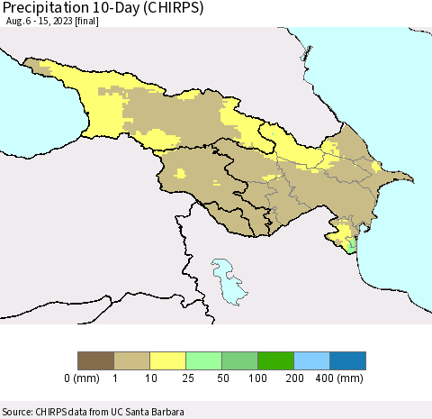 Azerbaijan, Armenia and Georgia Precipitation 10-Day (CHIRPS) Thematic Map For 8/6/2023 - 8/15/2023