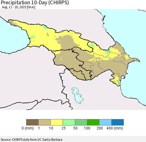 Azerbaijan, Armenia and Georgia Precipitation 10-Day (CHIRPS) Thematic Map For 8/11/2023 - 8/20/2023