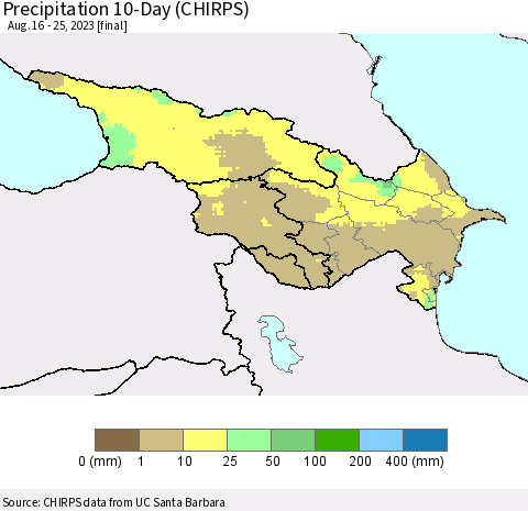 Azerbaijan, Armenia and Georgia Precipitation 10-Day (CHIRPS) Thematic Map For 8/16/2023 - 8/25/2023