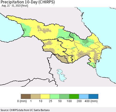 Azerbaijan, Armenia and Georgia Precipitation 10-Day (CHIRPS) Thematic Map For 8/21/2023 - 8/31/2023
