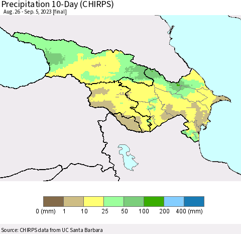 Azerbaijan, Armenia and Georgia Precipitation 10-Day (CHIRPS) Thematic Map For 8/26/2023 - 9/5/2023