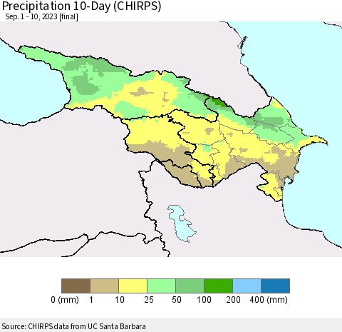 Azerbaijan, Armenia and Georgia Precipitation 10-Day (CHIRPS) Thematic Map For 9/1/2023 - 9/10/2023
