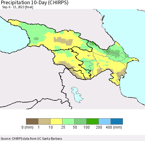 Azerbaijan, Armenia and Georgia Precipitation 10-Day (CHIRPS) Thematic Map For 9/6/2023 - 9/15/2023