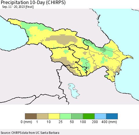 Azerbaijan, Armenia and Georgia Precipitation 10-Day (CHIRPS) Thematic Map For 9/11/2023 - 9/20/2023